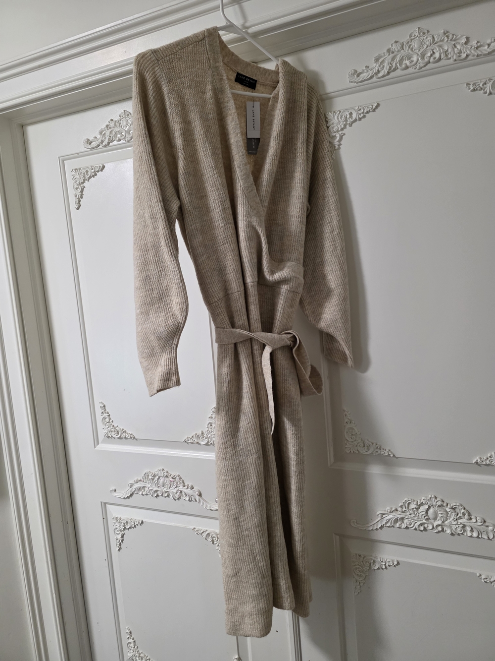 Lane Bryant Beige Ribbed Knit Long Belted Cardigan